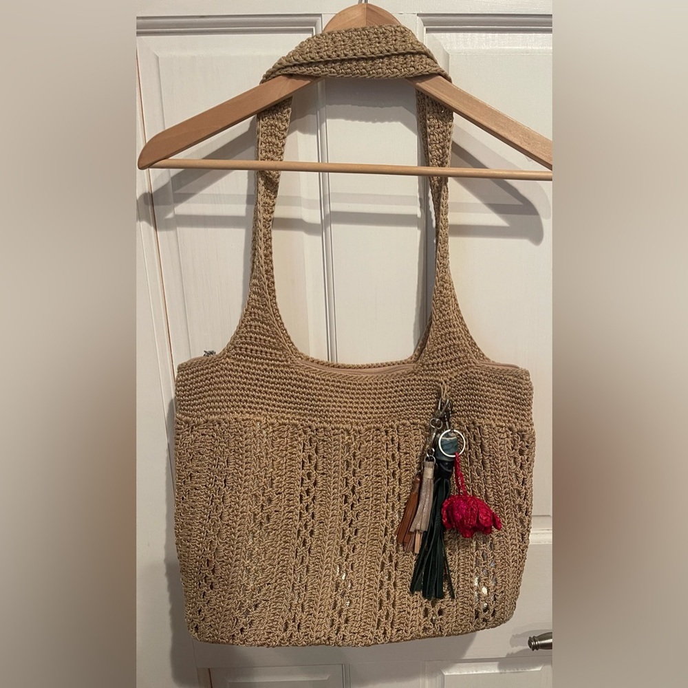 The Sak Hand Crocheted Crafted Classic Bamboo Gold Tote Bag in Tan